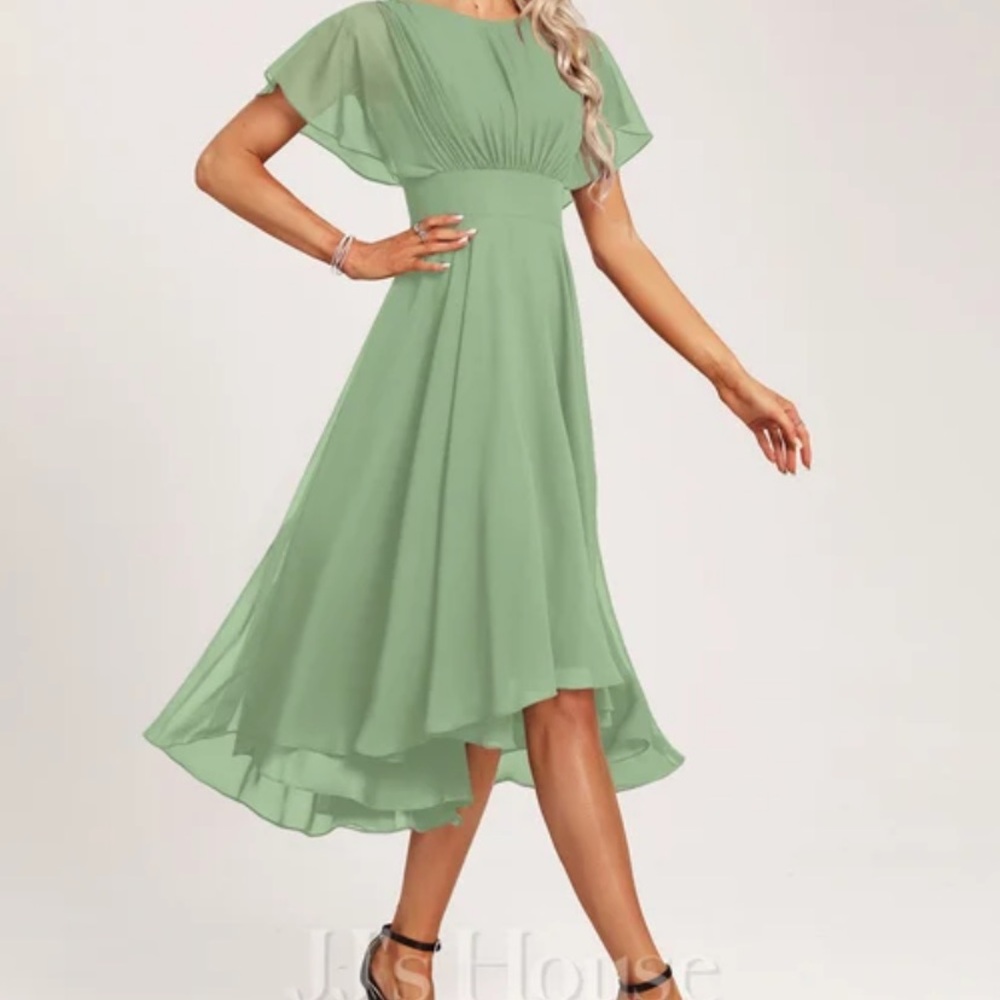 A-line Scoop Asymmetrical Chiffon Bridesmaid Dress With Ruffle Basil size 4